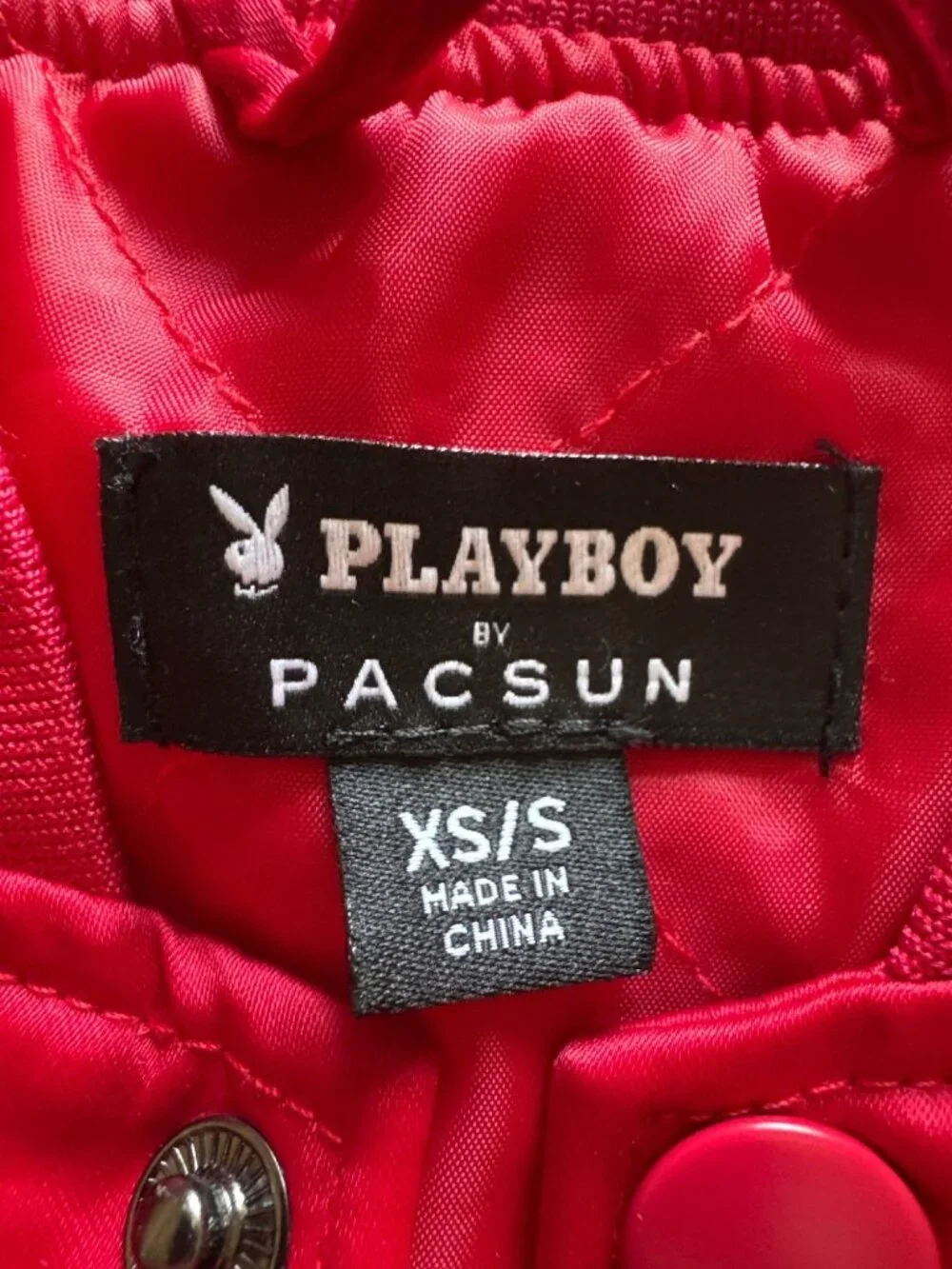 Playboy x PacSun Women's Satin Bomber Jacket XS S Pink Heart LA Varsity Y2K